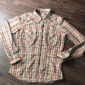 True Religion Checkered Pearl Snap Front Western Cowgirl Shirt Size M Medium